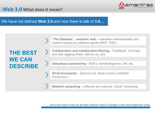 Web 3.0 What does it mean?

We have not defined Web 2.0 and now there is talk of 3.0…



                             “The Dataweb”, semantic web – seamless interoperability and
                             content reading by software agents (RDF, OWL)

                             Collaboration and collaborative filtering – FaceBook, YouTube,
    THE BEST                 and web tagging (Flickr, del.icio.us, etc)

    WE CAN
                             Ubiquitous connectivity - PDA’s, handheld games, Wii, etc.
    DESCRIBE
                             3D Environments – Second Life, there is even a Web3D
                             Consortium…


                             Network computing – software as a service, “cloud” computing




                         … and much more it has not all been defined need to Google to see what happened today.
 