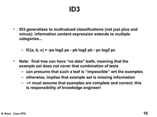 ID3 ID3 generalizes to multivalued classifications (not just plus and minus): information content expression extends to multiple categories... IC(a, b, c) = -pa log2 pa - pb log2 pb - pc log2 pc Note:  final tree can have “no data” leafs, meaning that the example set does not cover that combination of tests can presume that such a leaf is “impossible” wrt the examples otherwise, implies that example set is missing information --> must assume that examples are complete and correct; this is responsibility of knowledge engineer! 