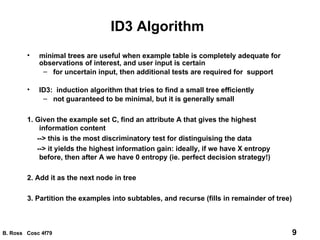 ID3 Algorithm minimal trees are useful when example table is completely adequate for observations of interest, and user input is certain for uncertain input, then additional tests are required for  support ID3:  induction algorithm that tries to find a small tree efficiently not guaranteed to be minimal, but it is generally small 1. Given the example set C, find an attribute A that gives the highest information content  --> this is the most discriminatory test for distinguising the data --> it yields the highest information gain: ideally, if we have X entropy before, then after A we have 0 entropy (ie. perfect decision strategy!) 2. Add it as the next node in tree 3. Partition the examples into subtables, and recurse (fills in remainder of tree) 