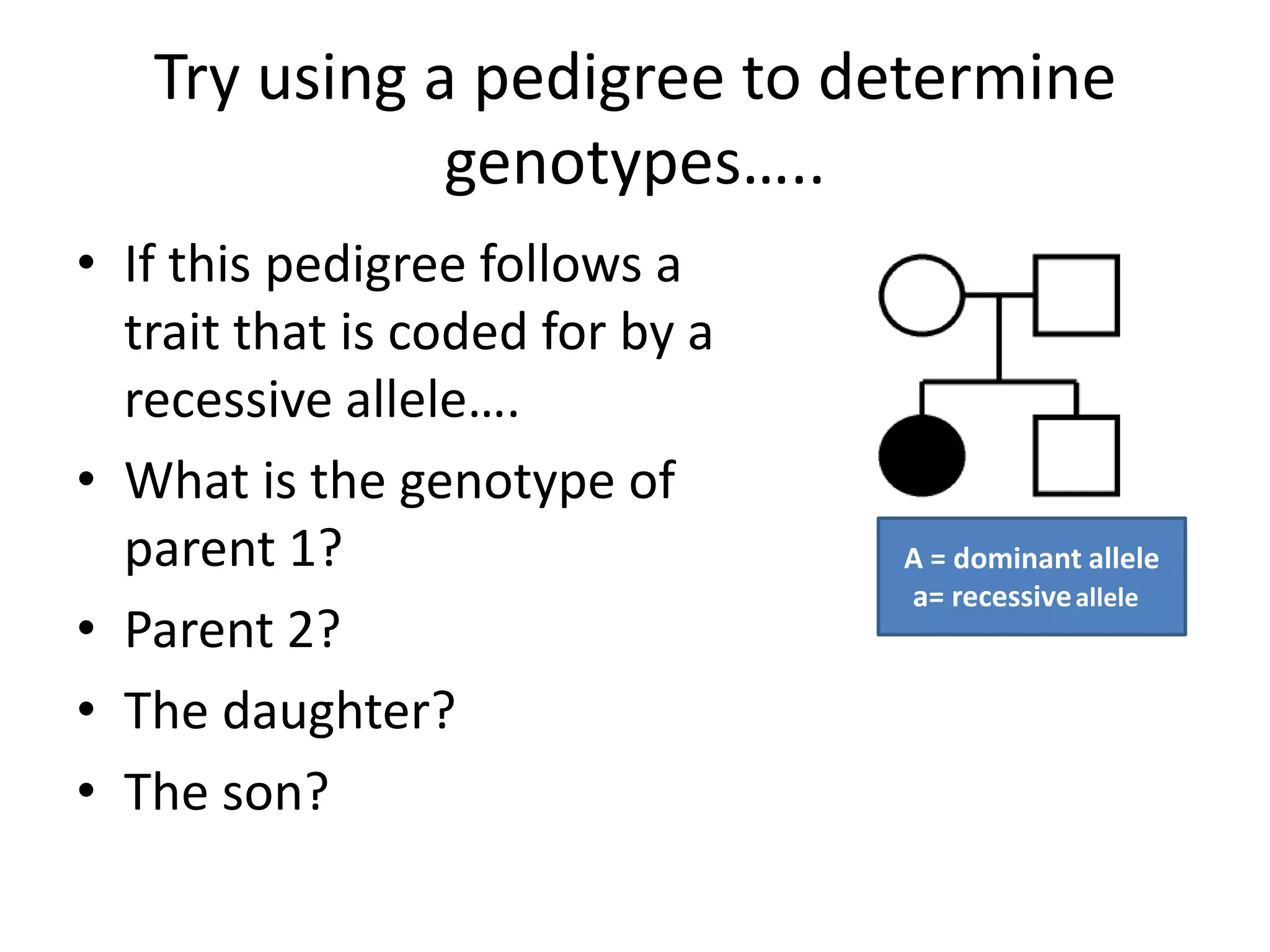 Try using a pedigree to determine
              genotypes…..
• If this pedigree follows a
  trait that is coded for by a
  recessive allele….
• What is the genotype of
  parent 1?                      A = dominant allele
                                 a= recessive allele
• Parent 2?
• The daughter?
• The son?
 