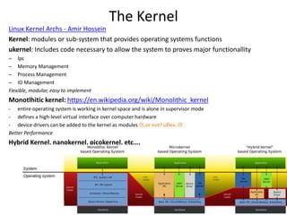 The Kernel
Linux Kernel Archs - Amir Hossein
Kernel: modules or sub-system that provides operating systems functions
ukernel: Includes code necessary to allow the system to proves major functionallity
– Ipc
– Memory Management
– Process Management
– IO Management
Flexible, modular, easy to implement
Monotlhitic kernel: https://en.wikipedia.org/wiki/Monolithic_kernel
- entire operating system is working in kernel space and is alone in supervisor mode
- defines a high-level virtual interface over computer hardware
- device drivers can be added to the kernel as modules ,or not? uDev..
Better Performance
Hybrid Kernel, nanokernel, picokernel, etc….
 