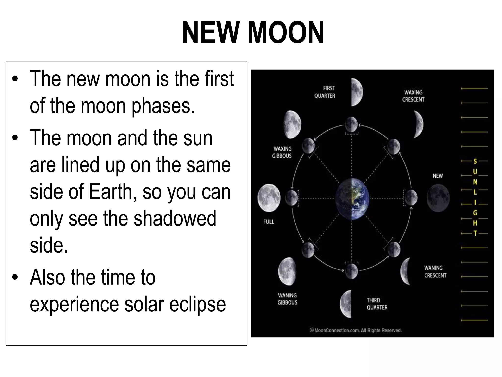 NEW MOON
• The new moon is the first
of the moon phases.
• The moon and the sun
are lined up on the same
side of Earth, so you can
only see the shadowed
side.
• Also the time to
experience solar eclipse
 