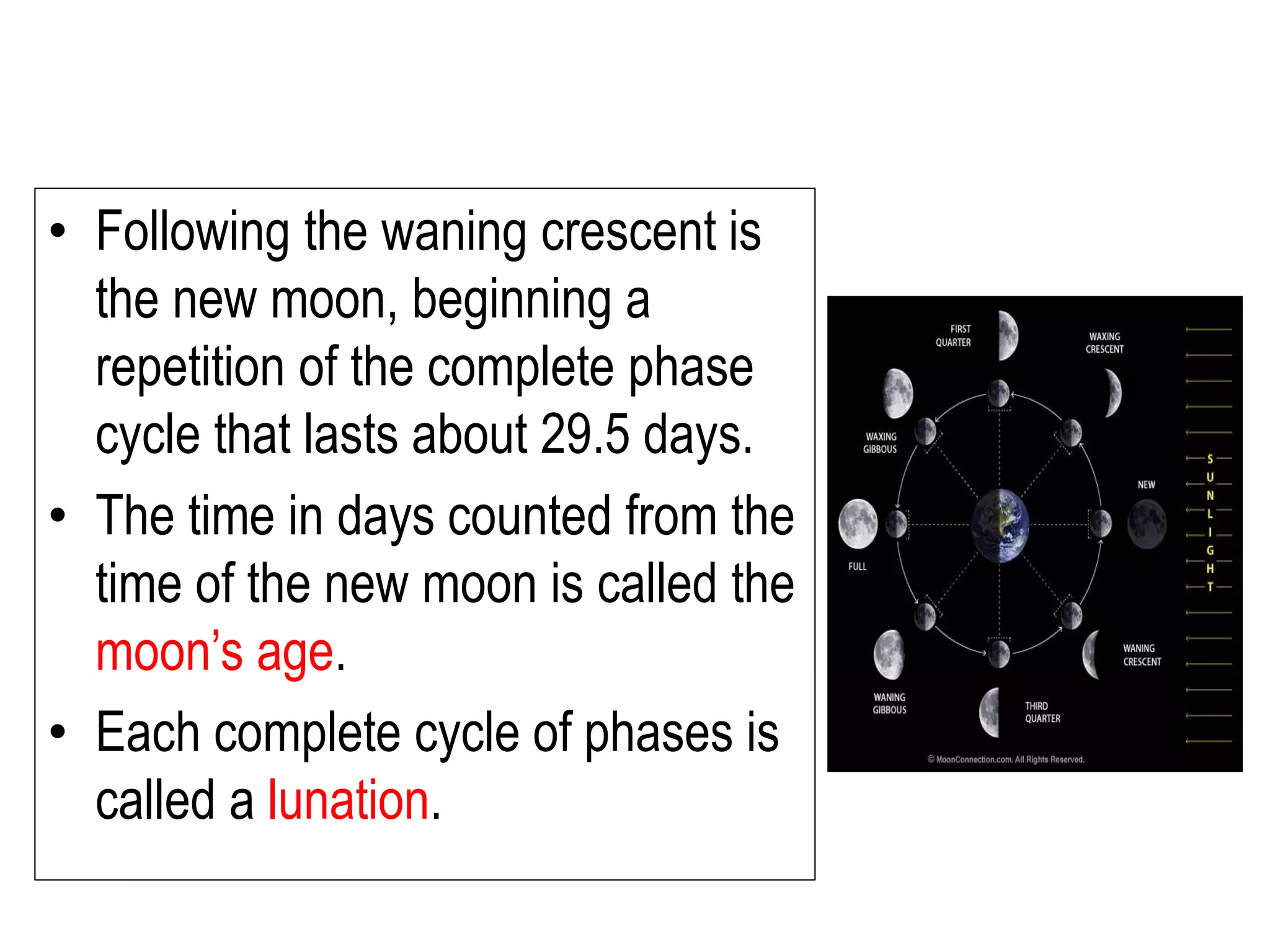 • Following the waning crescent is
the new moon, beginning a
repetition of the complete phase
cycle that lasts about 29.5 days.
• The time in days counted from the
time of the new moon is called the
moon’s age.
• Each complete cycle of phases is
called a lunation.
 