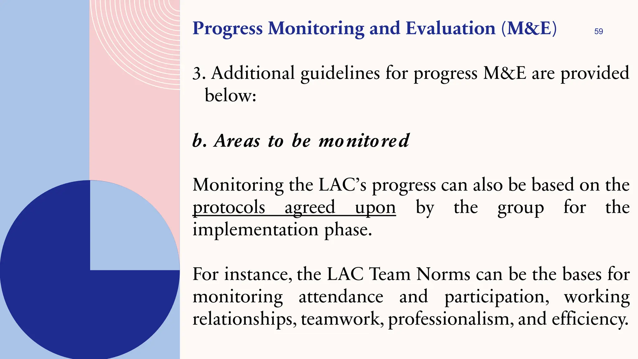 59
Progress Monitoring and Evaluation (M&E)
3. Additional guidelines for progress M&E are provided
below:
b. Areas to be monitored
Monitoring the LAC’s progress can also be based on the
protocols agreed upon by the group for the
implementation phase.
For instance, the LAC Team Norms can be the bases for
monitoring attendance and participation, working
relationships, teamwork, professionalism, and efficiency.
 