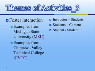  Foster interaction
 Examples from
Michigan State
University (MSU)
 Examples from
Chippewa Valley
Technical College
(CVTC)
 Instructor – Students
 Students – Content
 Student - Student
Themes of Activities_3
8
 