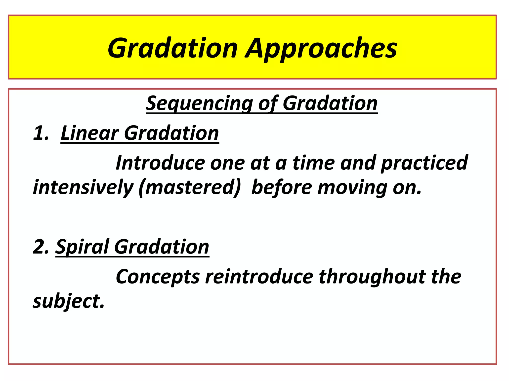 Gradation Approaches
Sequencing of Gradation
1. Linear Gradation
Introduce one at a time and practiced
intensively (mastered) before moving on.
2. Spiral Gradation
Concepts reintroduce throughout the
subject.