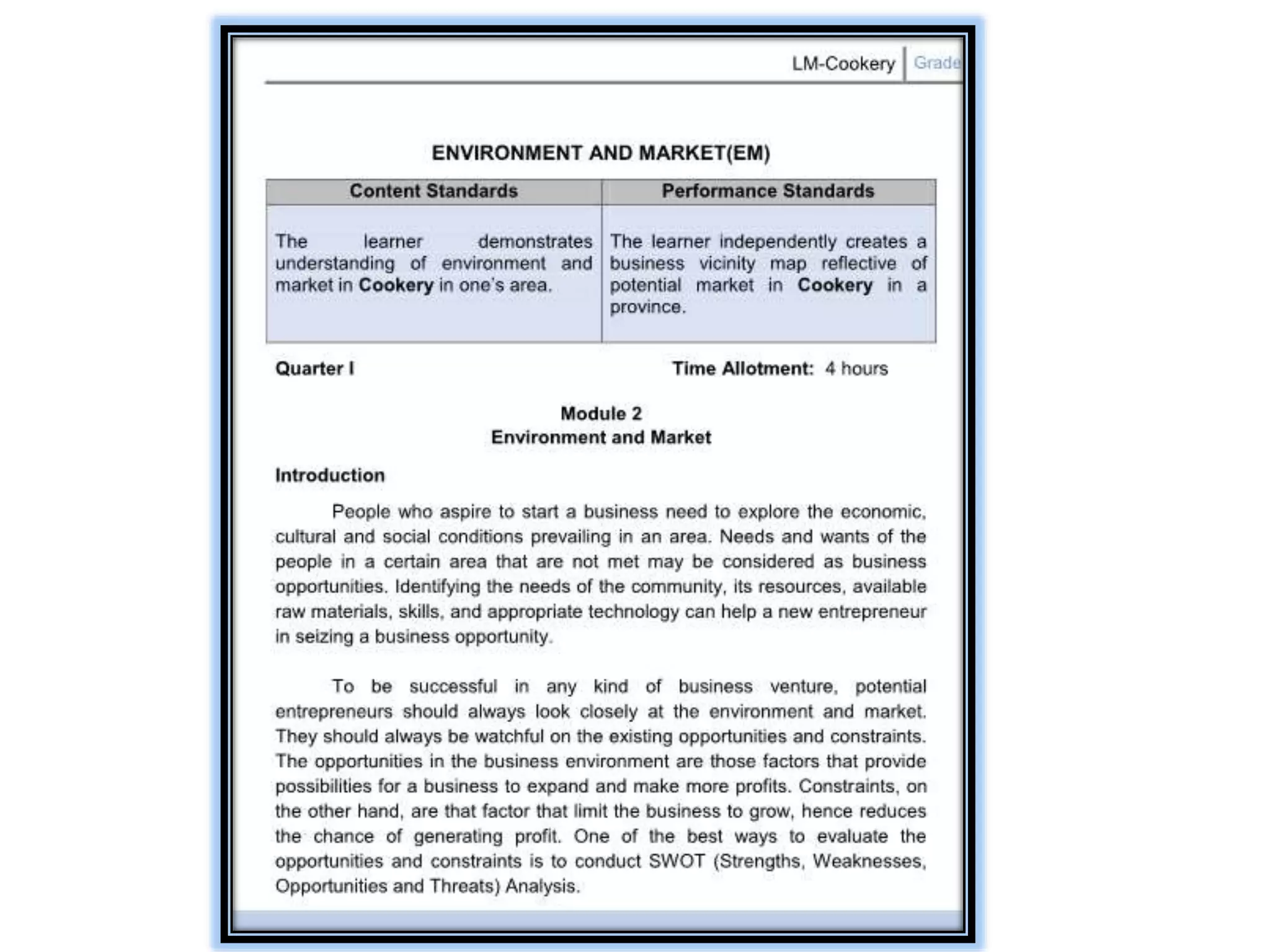Learning activities (Modular Approach)