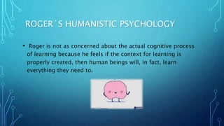 ROGER`S HUMANISTIC PSYCHOLOGY
• Roger is not as concerned about the actual cognitive process
of learning because he feels if the context for learning is
properly created, then human beings will, in fact, learn
everything they need to.
 