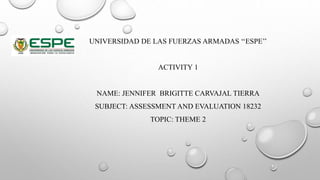 UNIVERSIDAD DE LAS FUERZAS ARMADAS ‘‘ESPE’’
ACTIVITY 1
NAME: JENNIFER BRIGITTE CARVAJAL TIERRA
SUBJECT: ASSESSMENT AND EVALUATION 18232
TOPIC: THEME 2
 