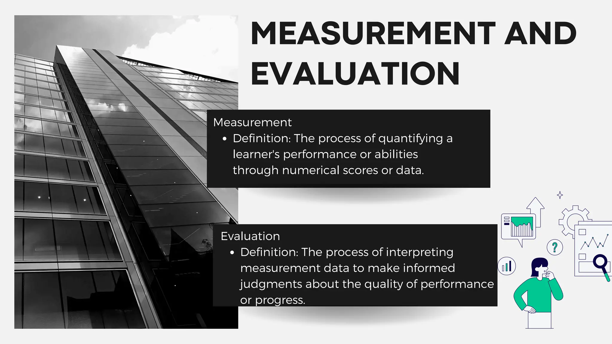 MEASUREMENT AND
EVALUATION
Measurement
Definition: The process of quantifying a
learner's performance or abilities
through numerical scores or data.
Evaluation
Definition: The process of interpreting
measurement data to make informed
judgments about the quality of performance
or progress.
 