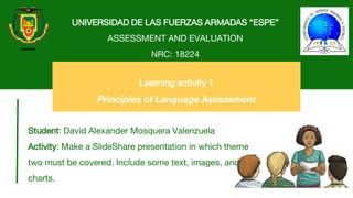 UNIVERSIDAD DE LAS FUERZAS ARMADAS “ESPE”
ASSESSMENT AND EVALUATION
NRC: 18224
Learning activity 1
Principles of Language Assessment
Student: David Alexander Mosquera Valenzuela
Activity: Make a SlideShare presentation in which theme
two must be covered. Include some text, images, and
charts.
 