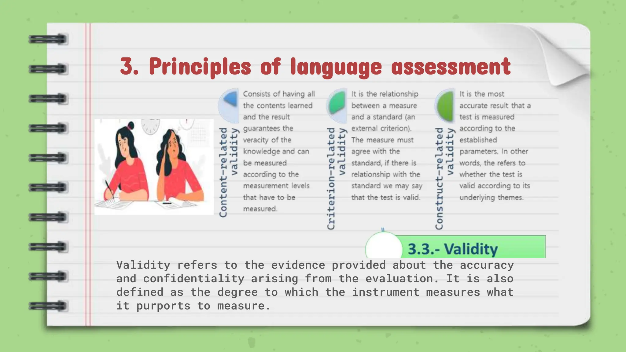 3. Principles of language assessment
Validity refers to the evidence provided about the accuracy
and confidentiality arising from the evaluation. It is also
defined as the degree to which the instrument measures what
it purports to measure.
 