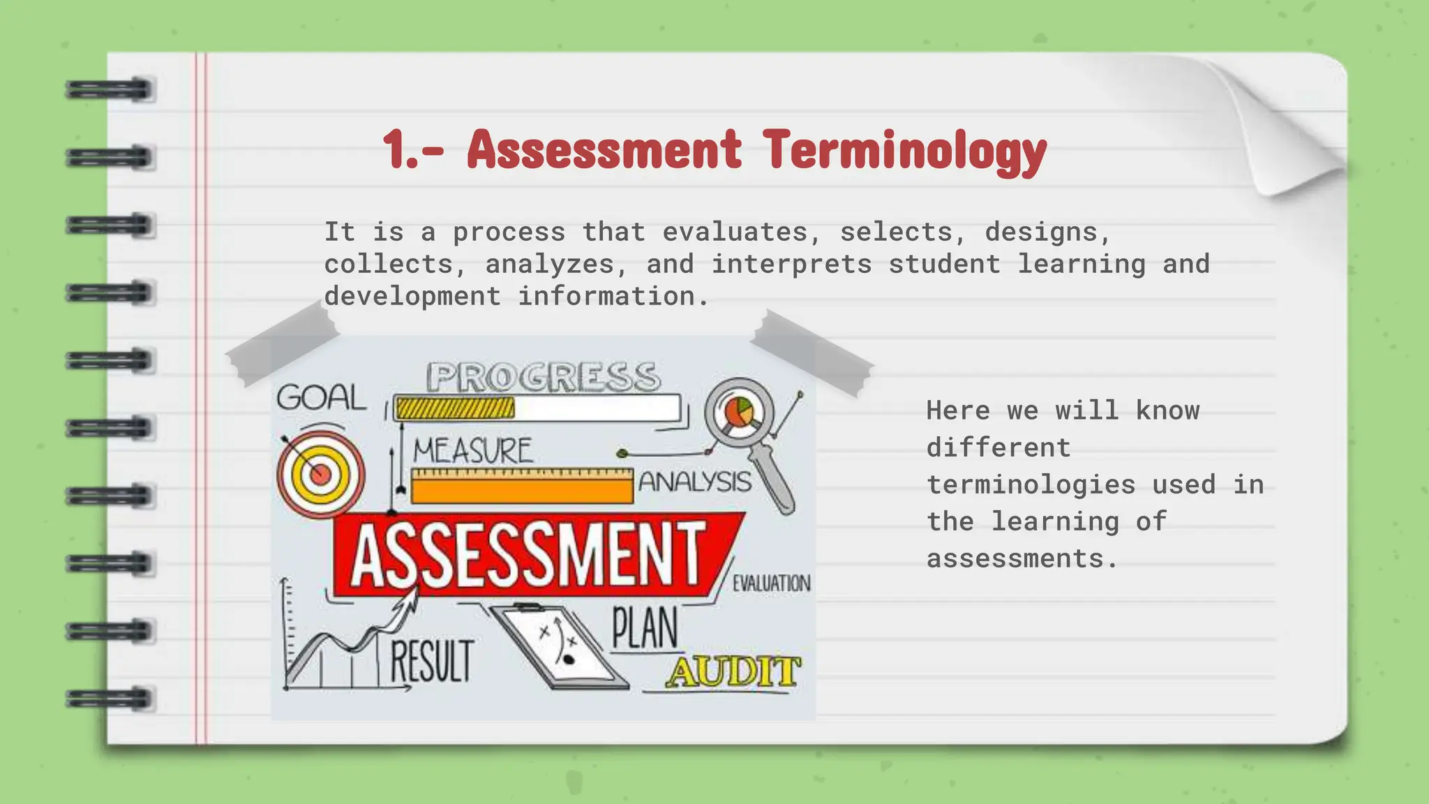 1.- Assessment Terminology
It is a process that evaluates, selects, designs,
collects, analyzes, and interprets student learning and
development information.
Here we will know
different
terminologies used in
the learning of
assessments.
 