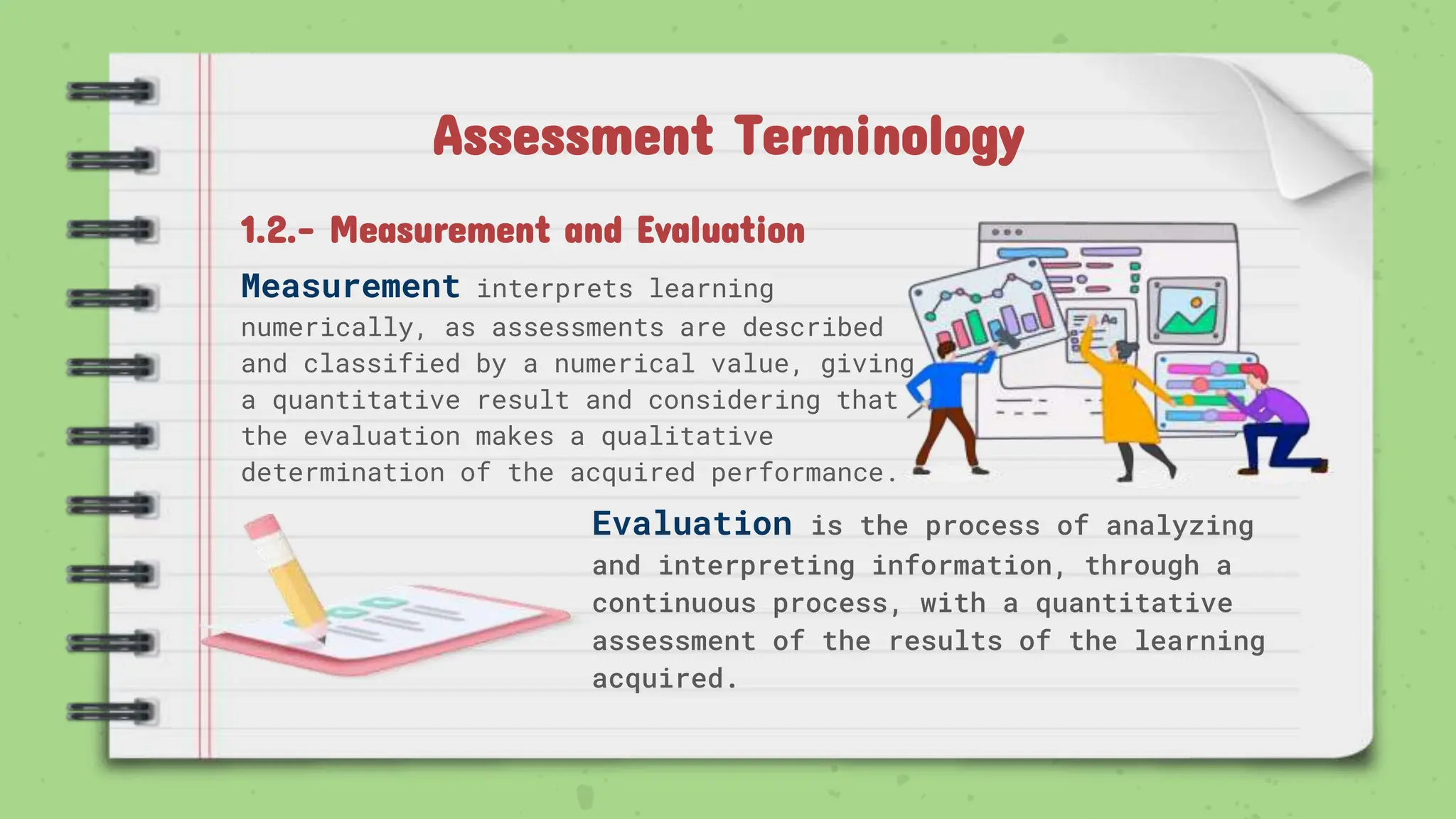 Assessment Terminology
Measurement interprets learning
numerically, as assessments are described
and classified by a numerical value, giving
a quantitative result and considering that
the evaluation makes a qualitative
determination of the acquired performance.
1.2.- Measurement and Evaluation
Evaluation is the process of analyzing
and interpreting information, through a
continuous process, with a quantitative
assessment of the results of the learning
acquired.
 