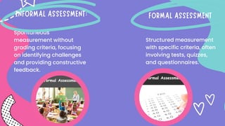 Spontaneous
measurement without
grading criteria, focusing
on identifying challenges
and providing constructive
feedback.
Structured measurement
with specific criteria, often
involving tests, quizzes,
and questionnaires.
 