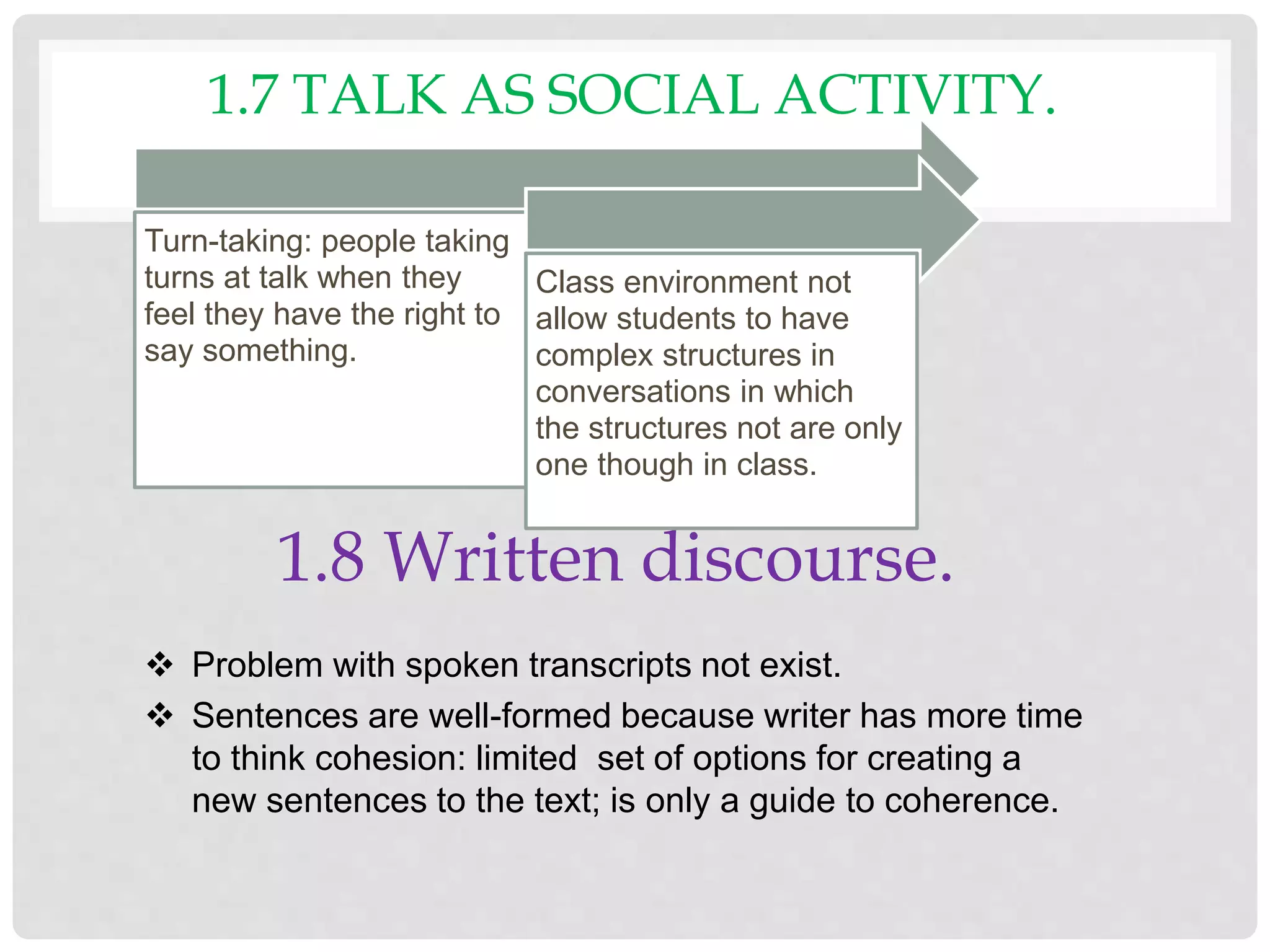 1.7 TALK AS SOCIAL ACTIVITY.
 Problem with spoken transcripts not exist.
 Sentences are well-formed because writer has more time
to think cohesion: limited set of options for creating a
new sentences to the text; is only a guide to coherence.
1.8 Written discourse.
Turn-taking: people taking
turns at talk when they
feel they have the right to
say something.
Class environment not
allow students to have
complex structures in
conversations in which
the structures not are only
one though in class.
 