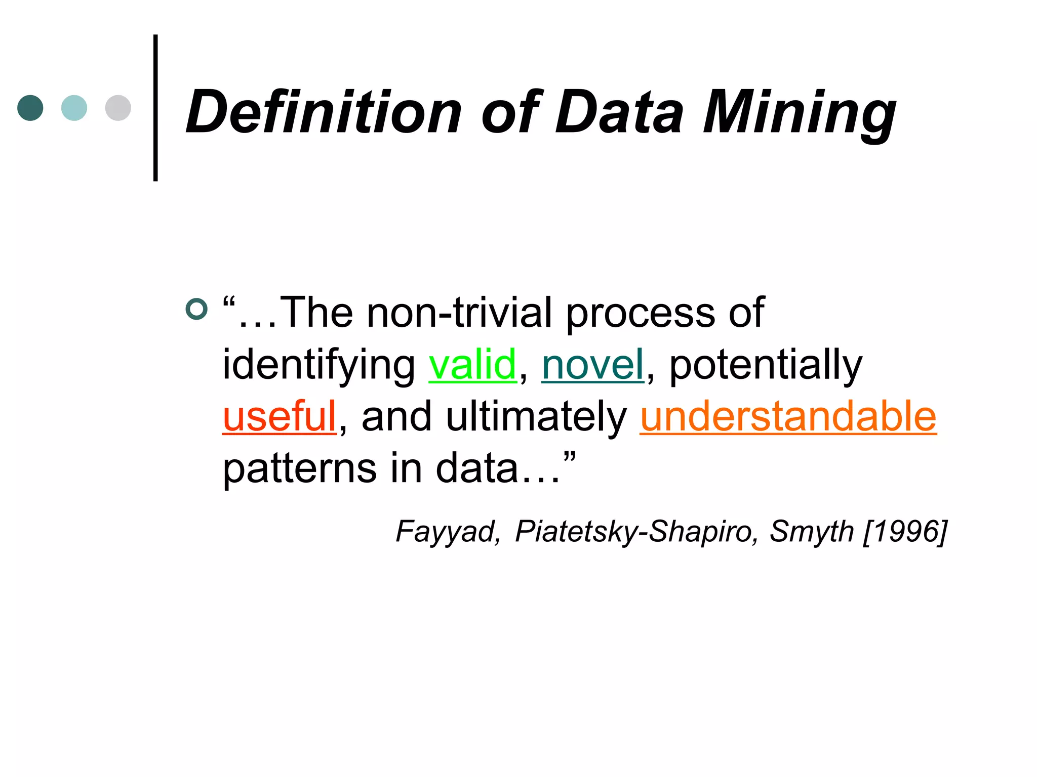 Definition of Data Mining “… The non-trivial process of identifying  valid ,  novel , potentially  useful , and ultimately  understandable   patterns in data…” Fayyad,   Piatetsky-Shapiro, Smyth [1996] 
