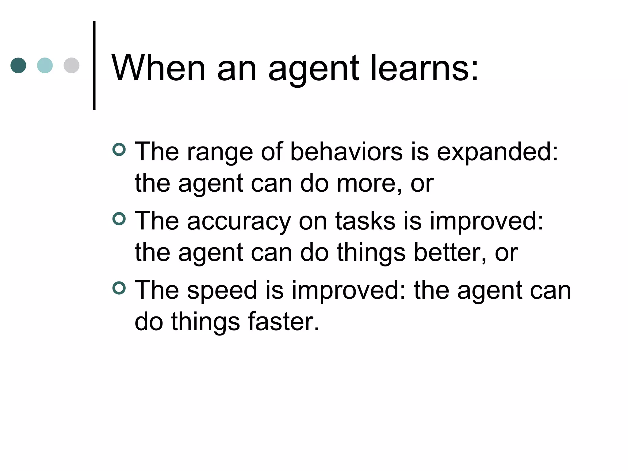 When an agent learns: The range of behaviors is expanded: the agent can do more, or The accuracy on tasks is improved: the agent can do things better, or The speed is improved: the agent can do things faster. 
