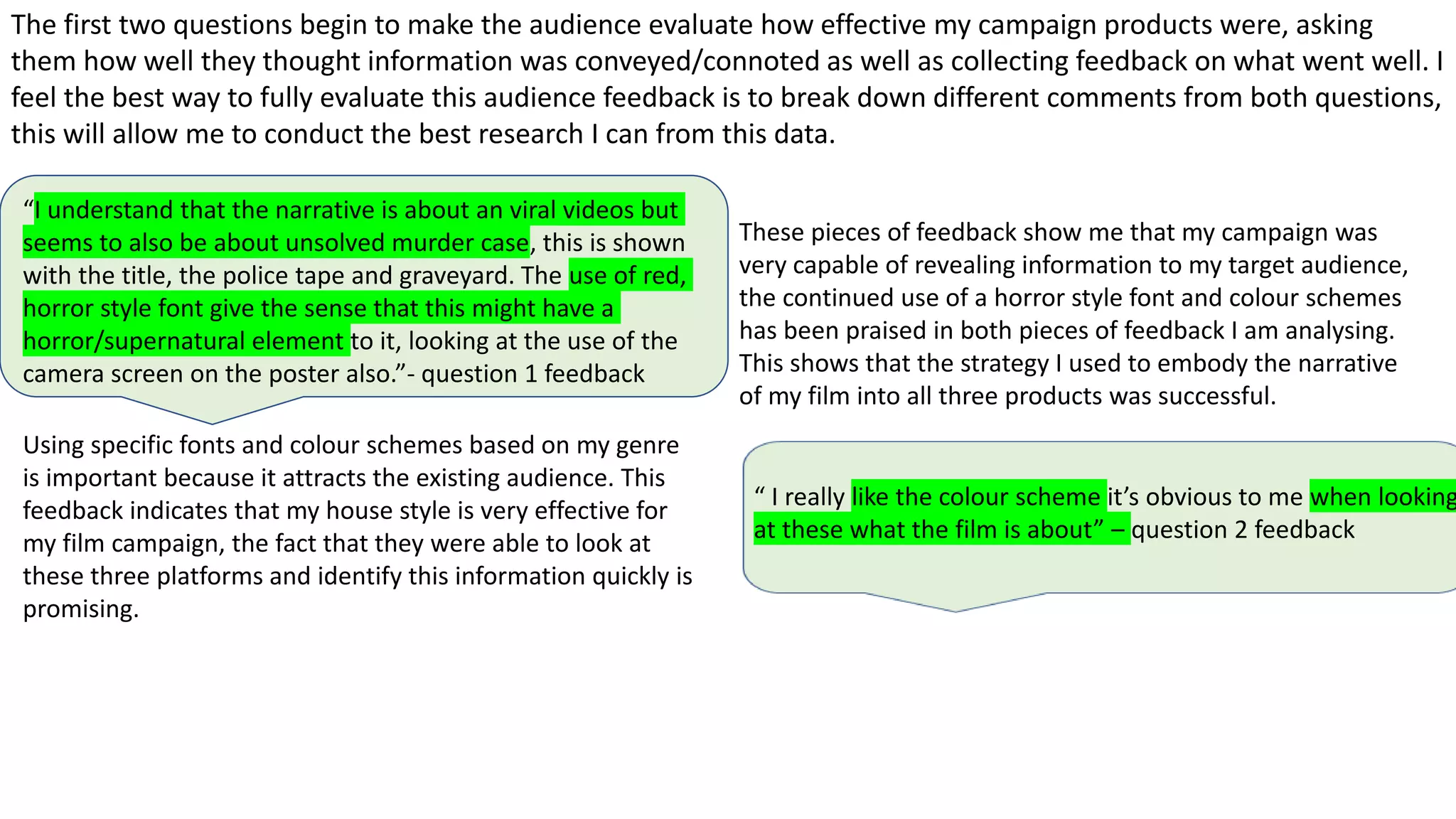 The first two questions begin to make the audience evaluate how effective my campaign products were, asking
them how well they thought information was conveyed/connoted as well as collecting feedback on what went well. I
feel the best way to fully evaluate this audience feedback is to break down different comments from both questions,
this will allow me to conduct the best research I can from this data.
“I understand that the narrative is about an viral videos but
seems to also be about unsolved murder case, this is shown
with the title, the police tape and graveyard. The use of red,
horror style font give the sense that this might have a
horror/supernatural element to it, looking at the use of the
camera screen on the poster also.”- question 1 feedback
“ I really like the colour scheme it’s obvious to me when looking
at these what the film is about” – question 2 feedback
These pieces of feedback show me that my campaign was
very capable of revealing information to my target audience,
the continued use of a horror style font and colour schemes
has been praised in both pieces of feedback I am analysing.
This shows that the strategy I used to embody the narrative
of my film into all three products was successful.
Using specific fonts and colour schemes based on my genre
is important because it attracts the existing audience. This
feedback indicates that my house style is very effective for
my film campaign, the fact that they were able to look at
these three platforms and identify this information quickly is
promising.
 
