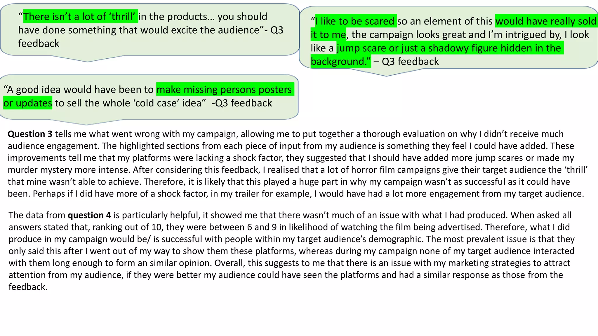 “A good idea would have been to make missing persons posters
or updates to sell the whole ‘cold case’ idea” -Q3 feedback
“I like to be scared so an element of this would have really sold
it to me, the campaign looks great and I’m intrigued by, I look
like a jump scare or just a shadowy figure hidden in the
background.” – Q3 feedback
“There isn’t a lot of ‘thrill’ in the products… you should
have done something that would excite the audience”- Q3
feedback
Question 3 tells me what went wrong with my campaign, allowing me to put together a thorough evaluation on why I didn’t receive much
audience engagement. The highlighted sections from each piece of input from my audience is something they feel I could have added. These
improvements tell me that my platforms were lacking a shock factor, they suggested that I should have added more jump scares or made my
murder mystery more intense. After considering this feedback, I realised that a lot of horror film campaigns give their target audience the ‘thrill’
that mine wasn’t able to achieve. Therefore, it is likely that this played a huge part in why my campaign wasn’t as successful as it could have
been. Perhaps if I did have more of a shock factor, in my trailer for example, I would have had a lot more engagement from my target audience.
The data from question 4 is particularly helpful, it showed me that there wasn’t much of an issue with what I had produced. When asked all
answers stated that, ranking out of 10, they were between 6 and 9 in likelihood of watching the film being advertised. Therefore, what I did
produce in my campaign would be/ is successful with people within my target audience’s demographic. The most prevalent issue is that they
only said this after I went out of my way to show them these platforms, whereas during my campaign none of my target audience interacted
with them long enough to form an similar opinion. Overall, this suggests to me that there is an issue with my marketing strategies to attract
attention from my audience, if they were better my audience could have seen the platforms and had a similar response as those from the
feedback.
 