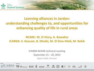 Learning alliances in Jordan: 
understanding challenges to, and opportunities for 
enhancing quality of life in rural areas 
NCARE: M. El Hiary, A. Bawalize 
ICARDA: S. Kassam, B. Dheibi, M. El Dine Hilali, M. Rekik 
ICARDA-NCARE technical meeting 
September 21 – 22, 2014 
Ayass Hotel, Amman 
1 
 