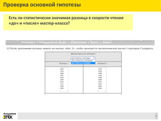 Сноски
25
Проверка основной гипотезы
Есть ли статистически значимая разница в скорости чтения
«до» и «после» мастер-класса?
 