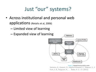 Just “our” systems?
• Across institutional and personal web
  applications (Retalis et al, 2006)
  – Limited view of learning
  – Expanded view of learning




                          Siemens, G., Gasevic, D., Haythornthwaite, C., Dawson, S., S
                          hum, S. B., Ferguson, R., . . . Baker, R. S. J. D. (2011)
 