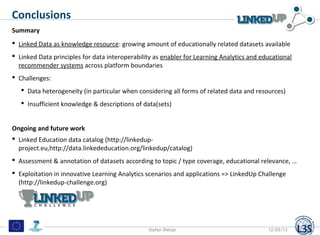 Conclusions
Summary
 Linked Data as knowledge resource: growing amount of educationally related datasets available
 Link...