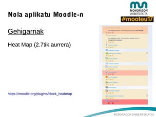 MONDRAGON UNIBERTSITATEA
Nola aplikatu Moodle-n
Gehigarriak
Heat Map (2.7tik aurrera)
https://moodle.org/plugins/block_heatmap
 