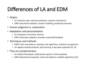 Differences of LA and EDM
• Origins
• LA: Semantic web, outcome prediction, systemic intervention
• EDM: Educational software, student modeling, predicting outcomes
• Human judgment vs. automation
• Adaptation and personalization
• LA: Empowers instructors, learners
• EDM: Automates adaption, provides automated feedback
• Techniques and methods
• EDM: Finds new patterns, develops new algorithms. A bottom-up approach
• LA: Applies existing methods, tests learning. A top-down approach [9, 11]
• They are complementary
• LA: Holistic framework, understands systems in full complexity
• EDM: Reductionist viewpoint, seeks new patterns, modifies algorithms [12]
 