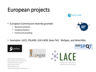 European projects
• European Commission recently granted:
• Research projects
• Implementations
• Community building
• Examples: LACE, PELARS, LEA’s BOX, Next-Tell, WeSpot, and WatchMe.
http://www.laceproject.eu
http://www.pelars-project.eu
http://www.leas-box.eu
http://next-tell.eu
http://wespot.net
http://www.project-watchme.eu
 