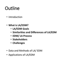 Outline
• Introduction
• What is LA/EDM?
• LA/EDM Goals
• Similarities and Differences of LA/EDM
• EDM/ LA Process
• Stakeholders
• Challenges
• Data and Methods of LA/ EDM
• Applications of LA/EDM
 