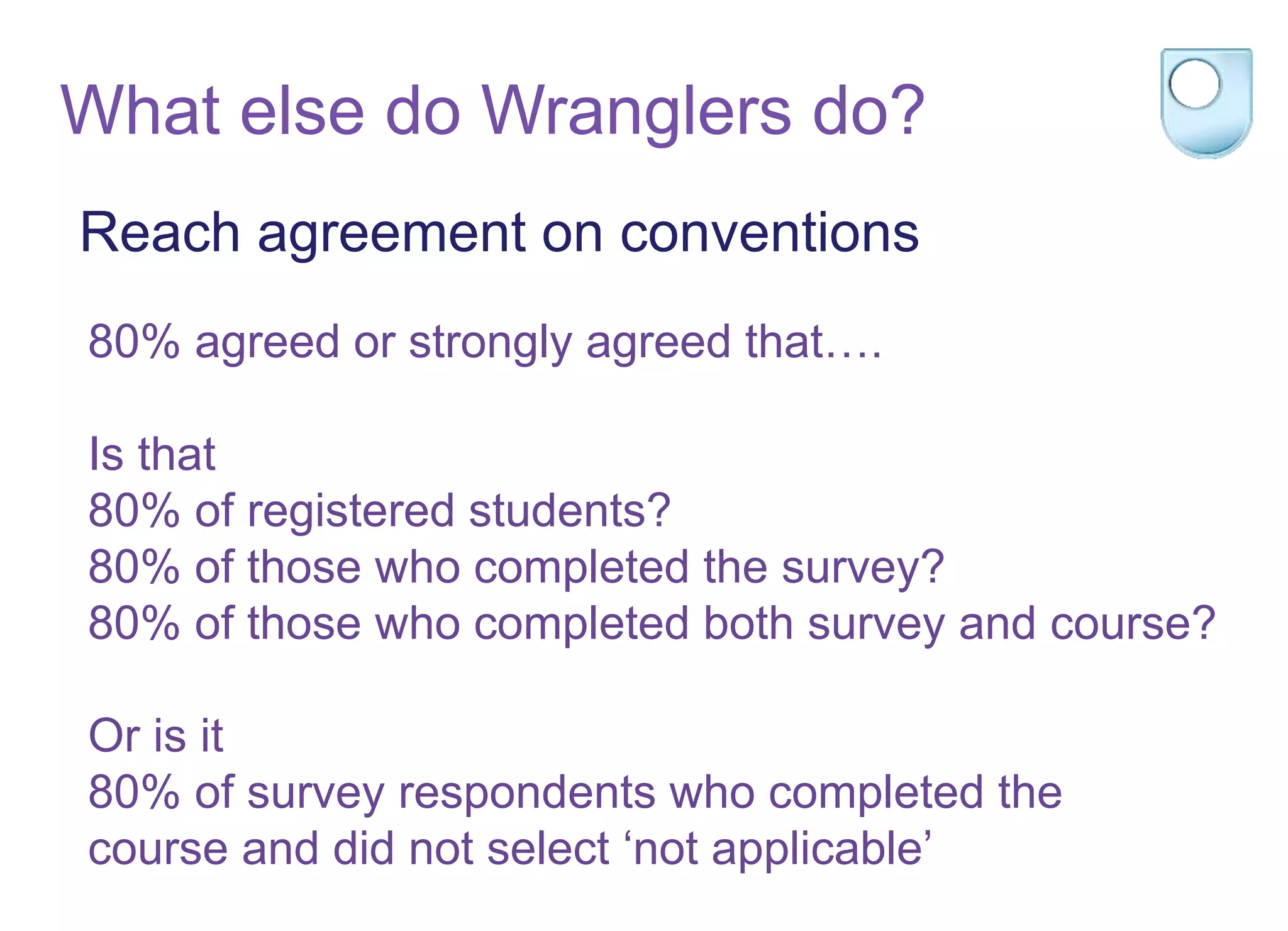 Reach agreement on conventions
80% agreed or strongly agreed that….
Is that
80% of registered students?
80% of those who completed the survey?
80% of those who completed both survey and course?
Or is it
80% of survey respondents who completed the
course and did not select ‘not applicable’
What else do Wranglers do?
 