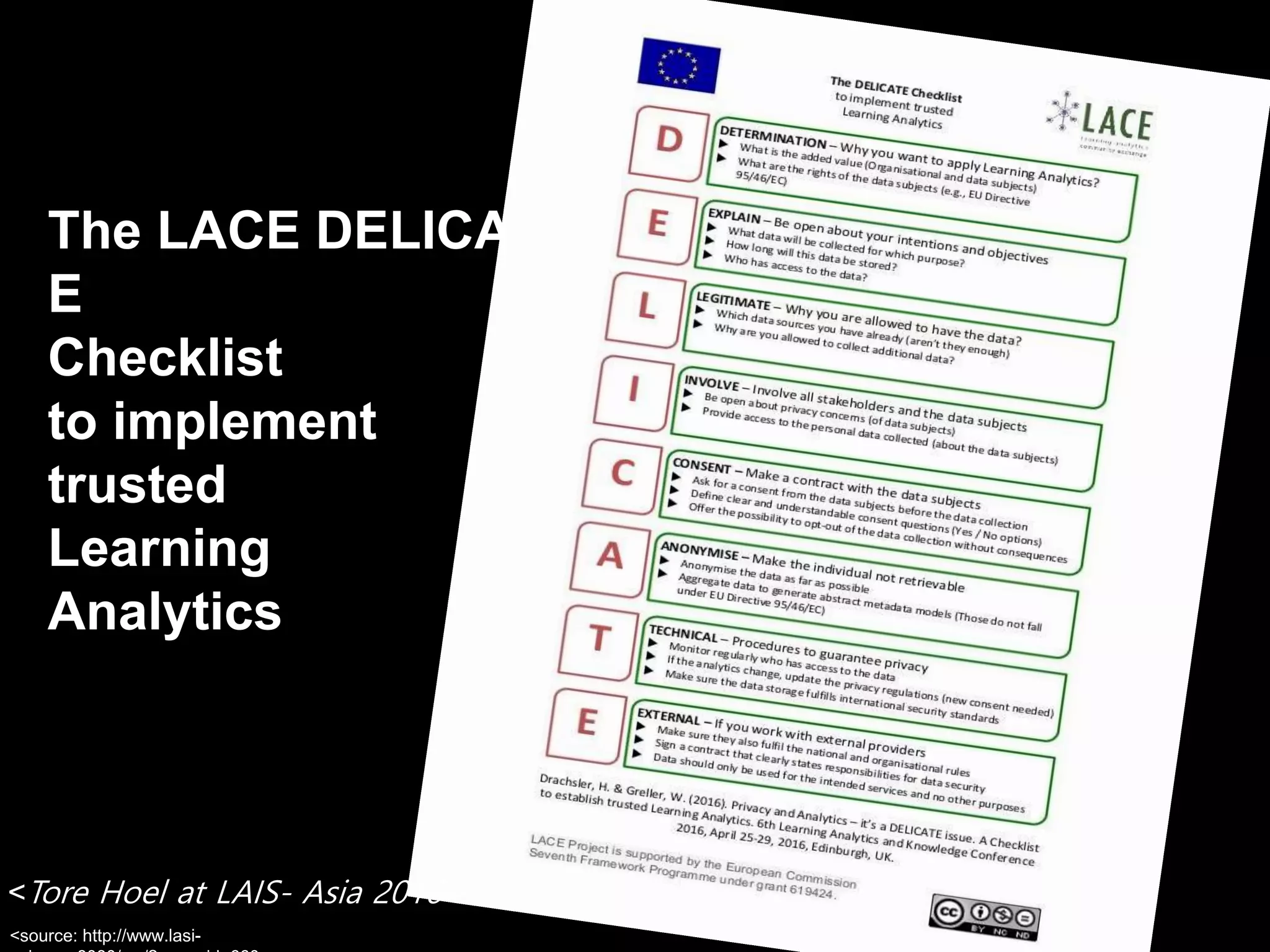 The LACE DELICAT
E
Checklist
to implement
trusted
Learning
Analytics
<source: http://www.lasi-
<Tore Hoel at LAIS- Asia 2016 >
 