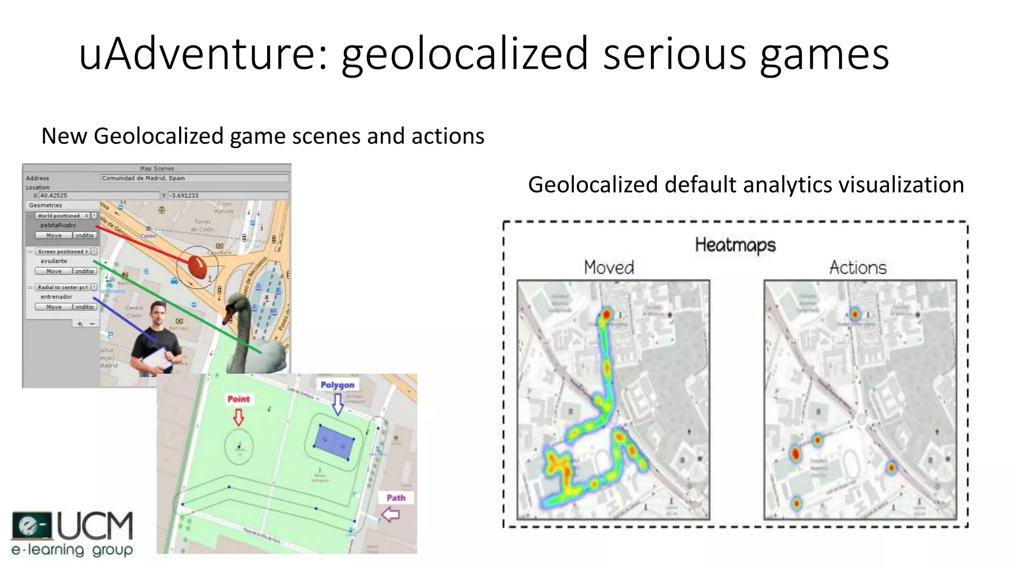 uAdventure: geolocalized serious games
Geolocalized default analytics visualization
New Geolocalized game scenes and actions
 