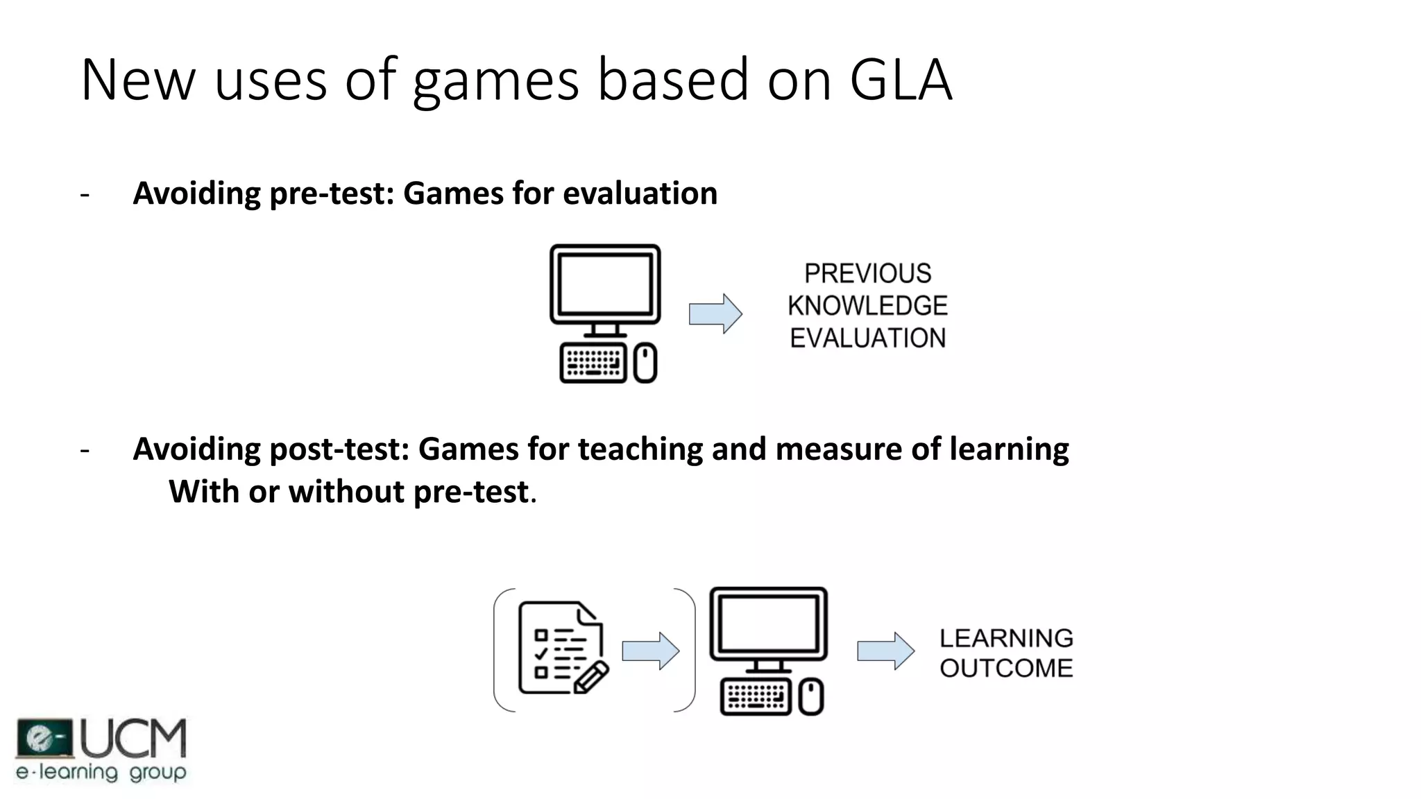 New uses of games based on GLA
- Avoiding pre-test: Games for evaluation
- Avoiding post-test: Games for teaching and measure of learning
With or without pre-test.
 