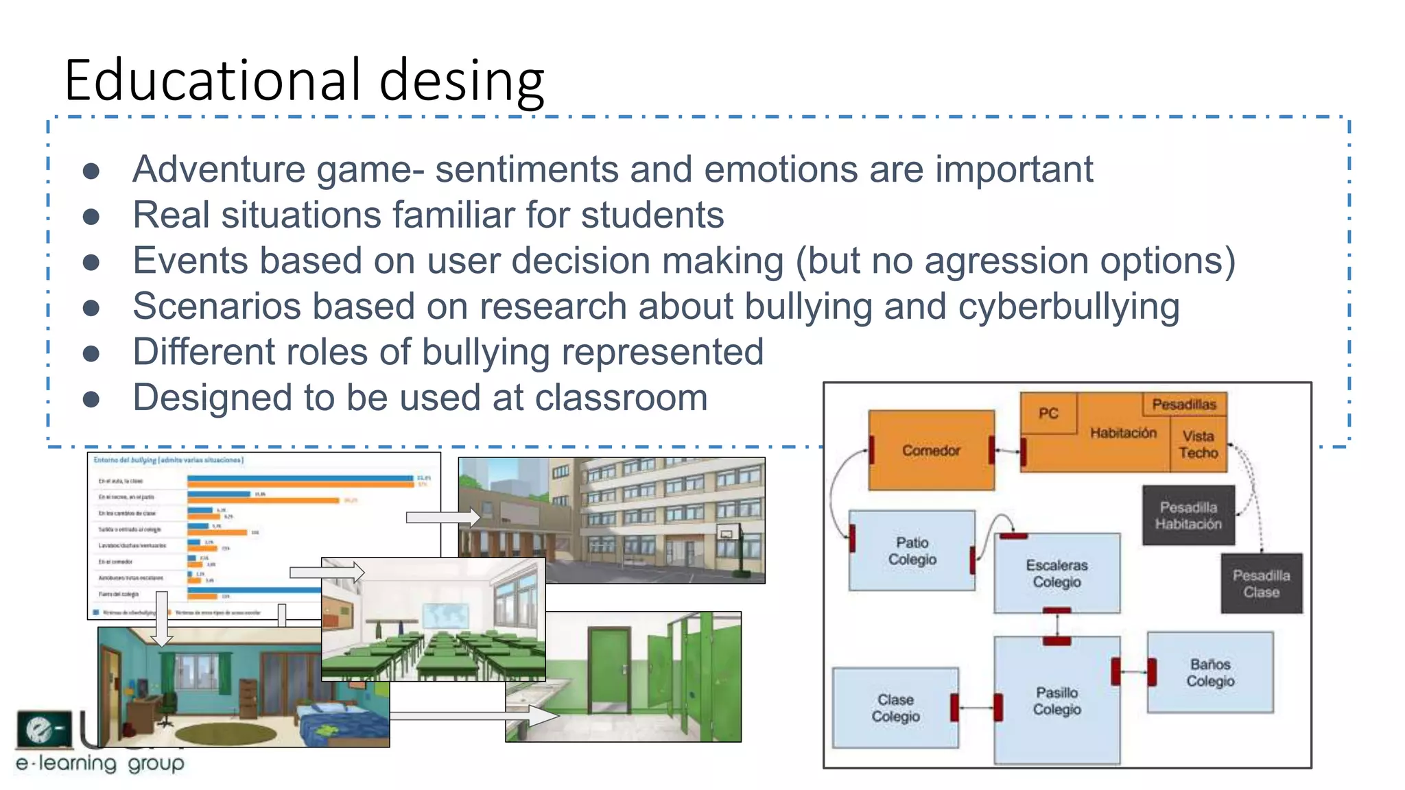 Educational desing
● Adventure game- sentiments and emotions are important
● Real situations familiar for students
● Events based on user decision making (but no agression options)
● Scenarios based on research about bullying and cyberbullying
● Different roles of bullying represented
● Designed to be used at classroom
 