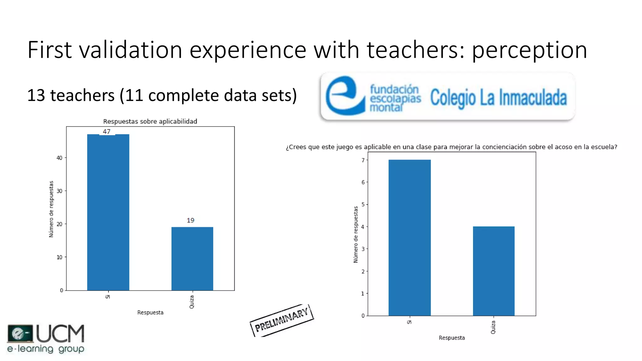 First validation experience with teachers: perception
13 teachers (11 complete data sets)
 