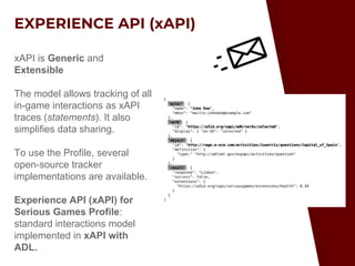 EXPERIENCE API (xAPI)
xAPI is Generic and
Extensible
The model allows tracking of all
in-game interactions as xAPI
traces (statements). It also
simplifies data sharing.
To use the Profile, several
open-source tracker
implementations are available.
Experience API (xAPI) for
Serious Games Profile:
standard interactions model
implemented in xAPI with
ADL.
 