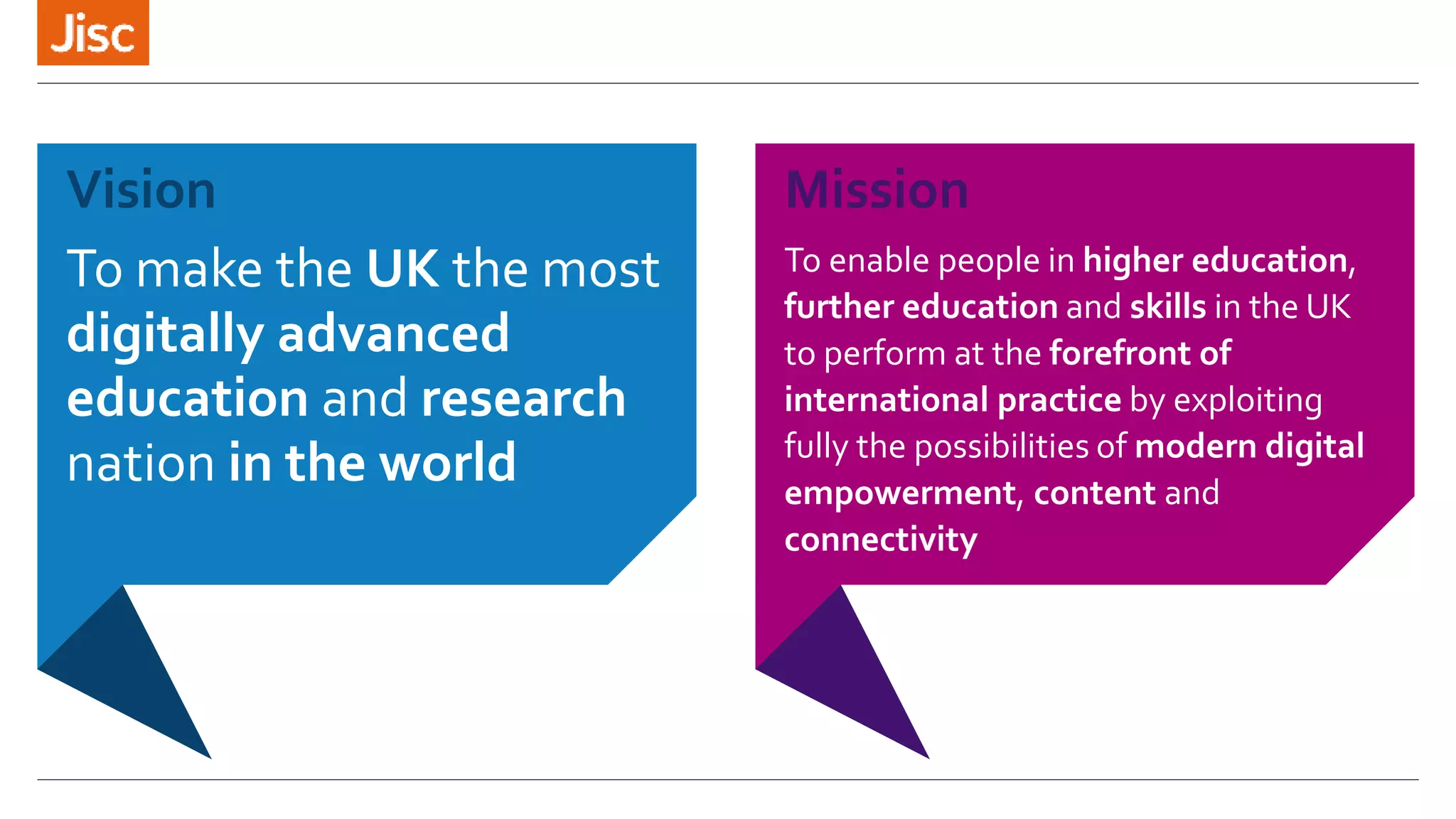 Mission
To enable people in higher education,
further education and skills in the UK
to perform at the forefront of
international practice by exploiting
fully the possibilities of modern digital
empowerment, content and
connectivity
Vision
To make the UK the most
digitally advanced
education and research
nation in the world
 