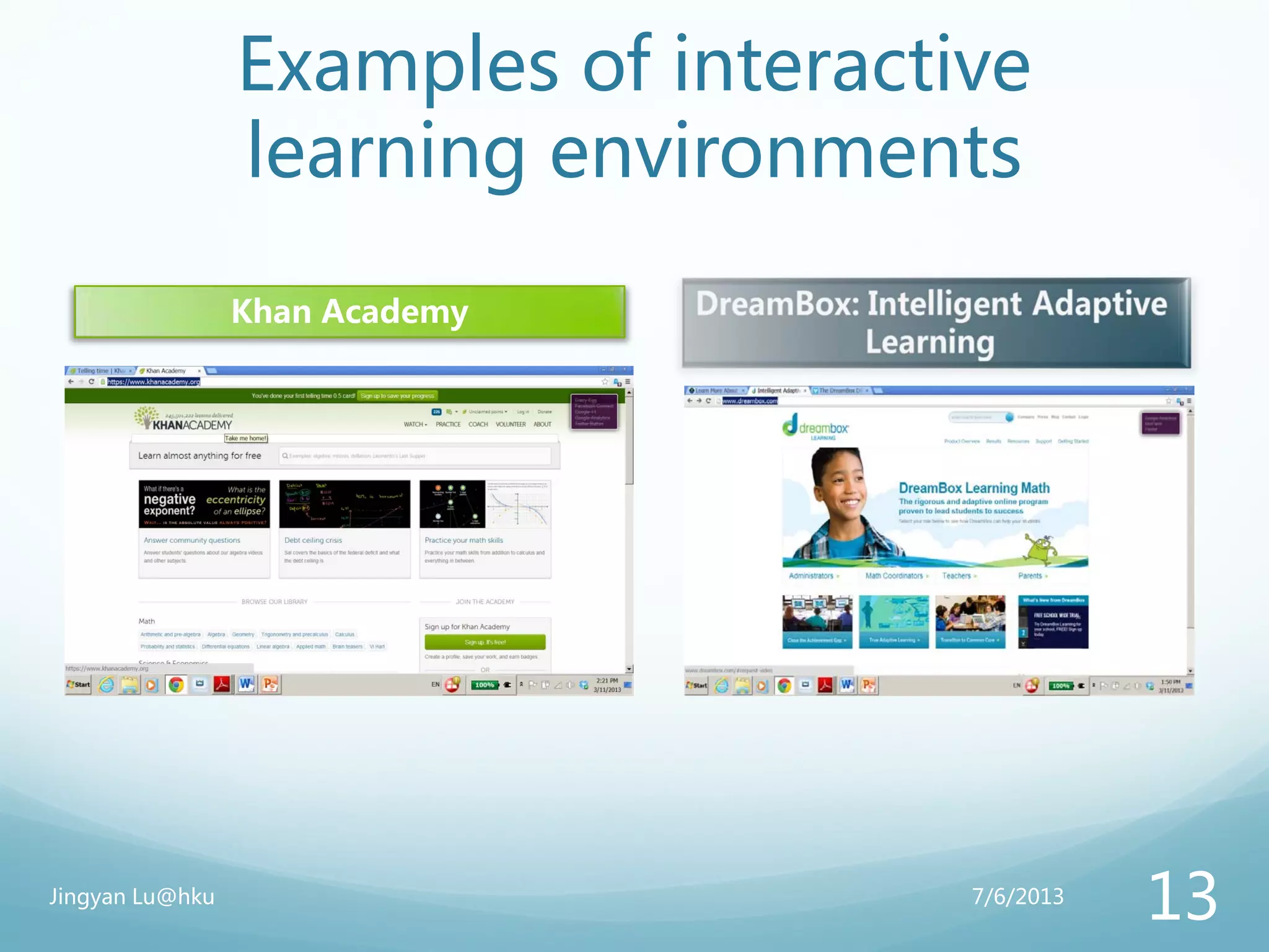 Examples of interactive
learning environments
Khan Academy
7/6/2013Jingyan Lu@hku
13
 