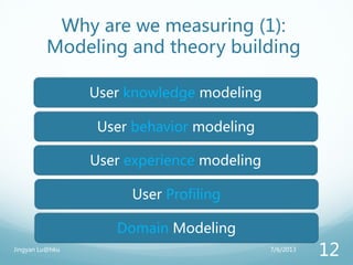 Why are we measuring (1):
Modeling and theory building
User knowledge modeling
User behavior modeling
User experience modeling
User Profiling
Domain Modeling
7/6/2013Jingyan Lu@hku
12
 