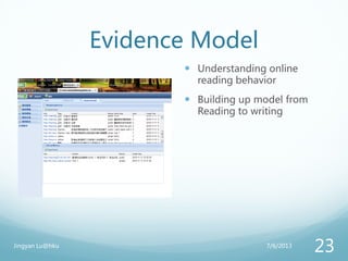 Evidence Model
 Understanding online
reading behavior
 Building up model from
Reading to writing
7/6/2013Jingyan Lu@hku
23
 