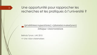 Une opportunité pour rapprocher les
recherches et les pratiques à l’université ?

(𝑝𝑟𝑜𝑏𝑙è𝑚𝑒𝑠+𝑞𝑢𝑒𝑠𝑡𝑖𝑜𝑛𝑠) ∗(𝑑𝑜𝑛𝑛é𝑒𝑠+𝑎𝑛𝑎𝑙𝑦𝑠𝑒𝑠)
é𝑡ℎ𝑖𝑞𝑢𝑒 ∗𝑖𝑛𝑡𝑒𝑟𝑣𝑒𝑛𝑡𝑖𝑜𝑛
Belinda Tynan, LAK 2015
=> Une vision stakeholders
2
 