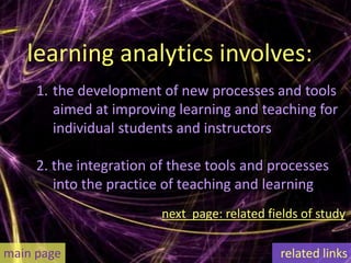 learning analytics involves:
     1. the development of new processes and tools
        aimed at improving learning and teaching for
        individual students and instructors

     2. the integration of these tools and processes
        into the practice of teaching and learning
                         next page: related fields of study

main page                                     related links
 