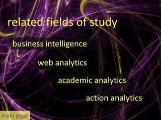 related fields of study
   business intelligence

            web analytics
                 academic analytics
                        action analytics
main page
 