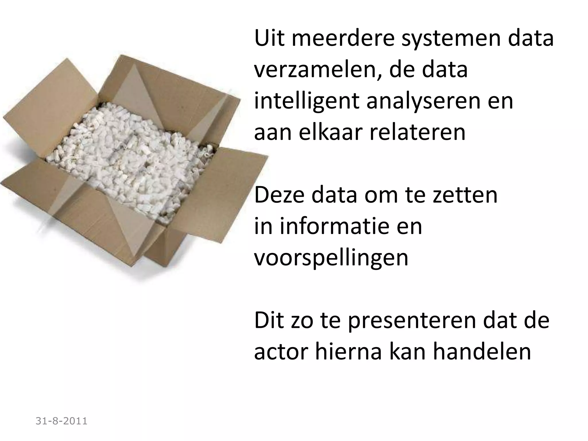 31-8-2011Uit meerdere systemen data verzamelen, de data intelligent analyseren enaan elkaar relaterenDeze data om te zetten in informatie en voorspellingen Dit zo te presenteren dat de actor hierna kan handelen