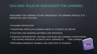 TEACHERS’ ROLES IN ASSESSMENT FOR LEARNING:
ASSESSMENT FOR LEARNING OCCURS THROUGHOUT THE LEARNING PROCESS. IT IS
INTERACTIVE, WITH TEACHERS:
ALIGNING INSTRUCTION
IDENTIFYING PARTICULAR LEARNING NEEDS OF STUDENTS OR GROUPS
SELECTING AND ADAPTING MATERIALS AND RESOURCES
CREATING DIFFERENTIATED TEACHING STRATEGIES AND LEARNING OPPORTUNITIES
FOR HELPING INDIVIDUAL STUDENTS MOVE FORWARD IN THEIR LEARNING
PROVIDING IMMEDIATE FEEDBACK AND DIRECTION TO STUDENTS
 
