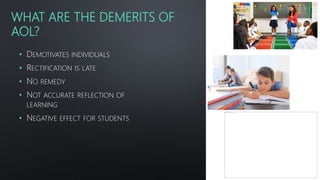 WHAT ARE THE DEMERITS OF
AOL?
• DEMOTIVATES INDIVIDUALS
• RECTIFICATION IS LATE
• NO REMEDY
• NOT ACCURATE REFLECTION OF
LEARNING
• NEGATIVE EFFECT FOR STUDENTS
 