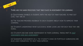 THERE ARE FIVE MAIN PROCESSES THAT TAKE PLACE IN ASSESSMENT FOR LEARNING:
(I) QUESTIONING ENABLES A STUDENT, WITH THE HELP OF THEIR TEACHER, TO FIND OUT
LEVEL THEY ARE AT.
(II) THE TEACHER PROVIDES FEEDBACK TO EACH STUDENT ABOUT HOW TO IMPROVE THEIR
LEARNING.
(III) STUDENTS UNDERSTAND WHAT SUCCESSFUL WORK LOOKS LIKE FOR EACH TASK THEY ARE
DOING.
(IV) STUDENTS BECOME MORE INDEPENDENT IN THEIR LEARNING, TAKING PART IN PEER
ASSESSMENT AND SELF-ASSESSMENT.
(V) SUMMATIVE ASSESSMENTS (E.G. THE STUDENT’S EXAM OR PORTFOLIO SUBMISSION) ARE
ALSO USED FORMATIVELY TO HELP THEM IMPROVE.
 